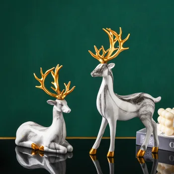 

Creative light luxury marble resin crafts Living room TV cabinet study animal furnishings Golden elk ornaments home decoration