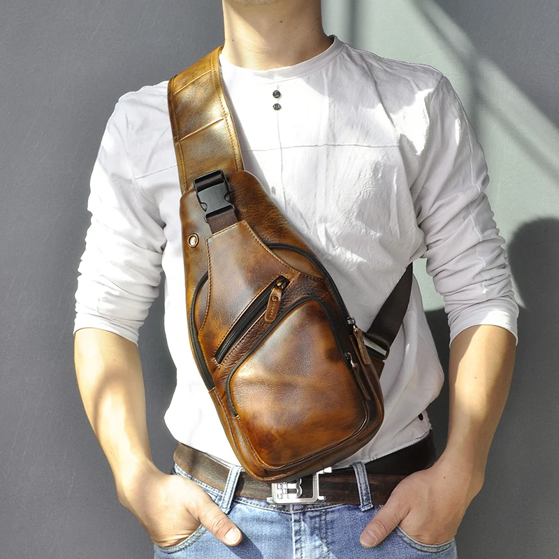 Men Original Crazy horse Leather Casual Fashion Crossbody Chest Sling ...