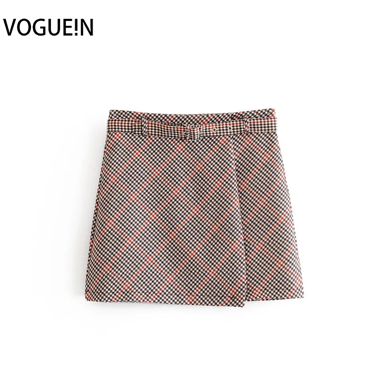 

VOGUEIN New Womens Fall/Winter Plaids&Checks Print Belt Asymmetrical Mini Skirt 2 Colors Wholesale