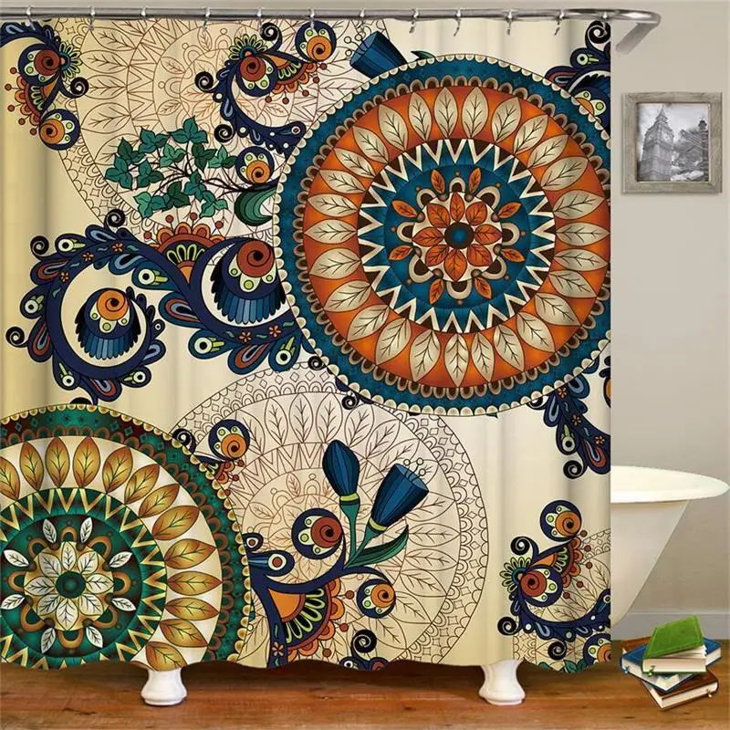 Этнический Декор занавеска для душа Бохо узор с цветочным и павлиньим пером ткань Ванная комната занавеска с крючками