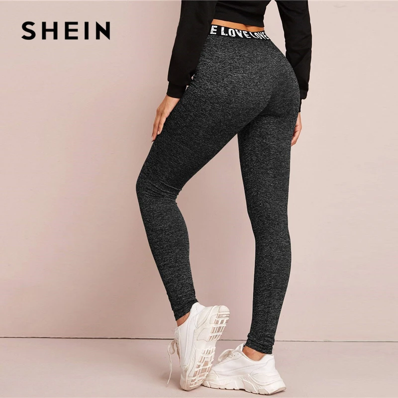 Skup SHEIN czarne litery drukuj graficzne Marled legginsy damskie spodnie wiosna elastyczna talia odzież sportowa Casual Ladies Basic spodnie
