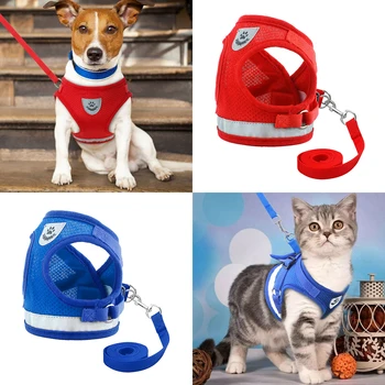 

Pet Dog And Leash Set For Chihuahua Pug Small Medium Nylon Mesh Puppy Cat Vest Reflective Walking Lead Leash