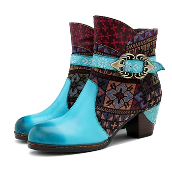

FancyQube Brand Woman Boot Genuine Leather Ankle Bootie Women's Retro Handmade Short Boots Side Zipper Splicing Pattern Shoes