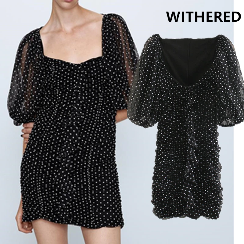 

Withered england vintage puff sleeve elegant dot Gauze dress women vestidos vestidos de fiesta de noche sexy mini dress blazer