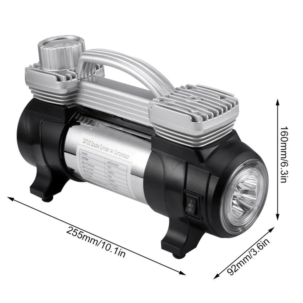 Портативный двойной цилиндр воздушный компрессор шин Высокое Мощность, работающего на постоянном токе 12 В в насоса до 100 фунтов на квадратный дюйм с светодиодный светильник Термальность дизайн