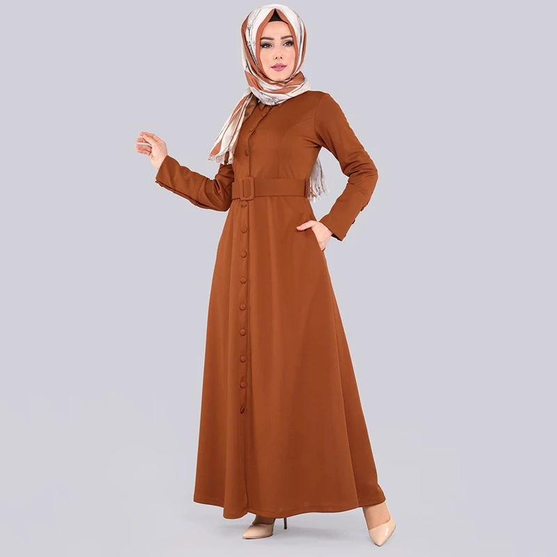 WEPBEL Arab Dubai Muslim Maxi Dress Casual Fashion Pure Color Long Sleeve Attached Belt Slim Fit Big Swing Lapel Islamic Apparel - Цвет: Brown