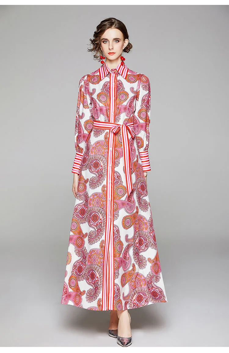 Runway Design Dress 2020 Autumn Winter Women Long-sleeved Red Vintage Print Dress Lady Loose Plus Size Elegant Maxi Dress Sashes