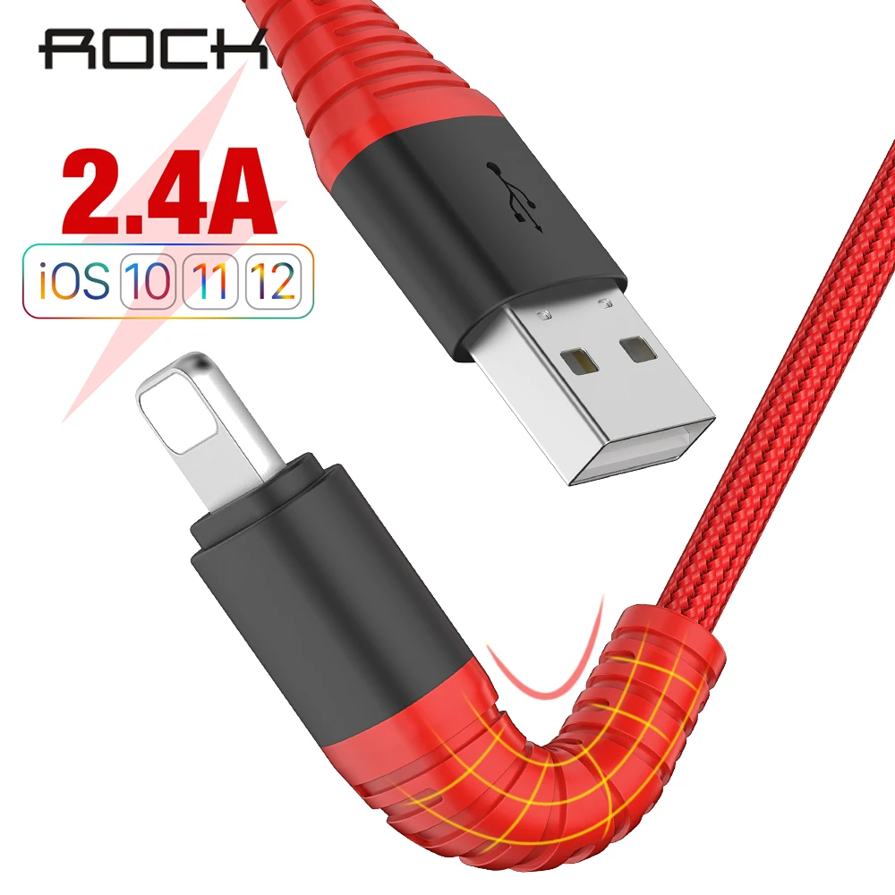 ROCK высокопрочный USB кабель 2.4A для Apple iPhone X 8 7 6 Plus с оплеткой для быстрой зарядки и передачи данных 120 см 25 см 200 см кабель для освещения