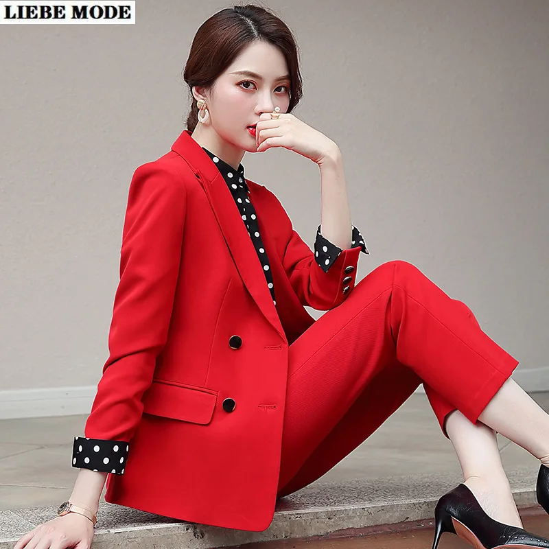 Female Business Formal Wear Pants Suit Red Yellow 2 Piece Double Breasted Blazer Set Lady Office Uniform Style Trouser Suites