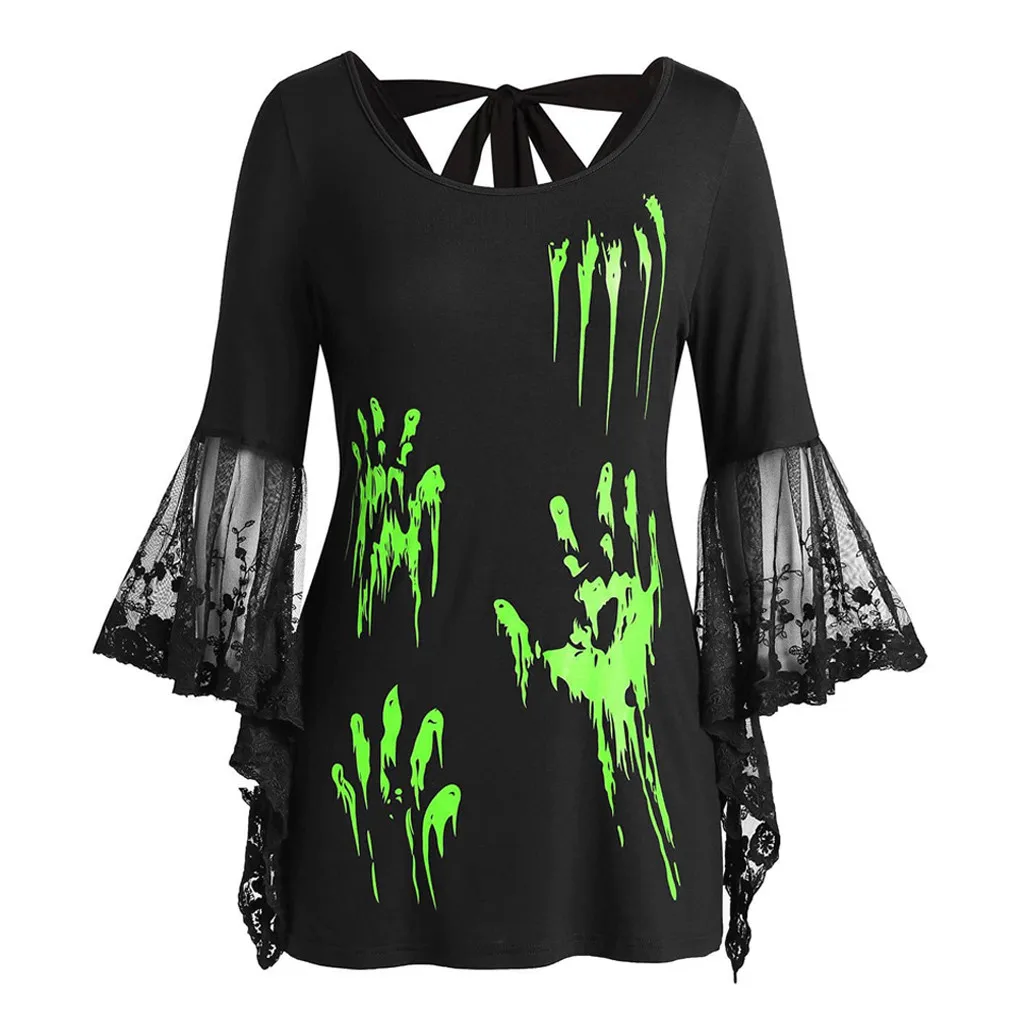 

SAGACE Plus Size Halloween Lace Flare Sleeve Blood Hand Print Back Knotted Top Three Quarter O-Neck Female T-shirt hot August 26