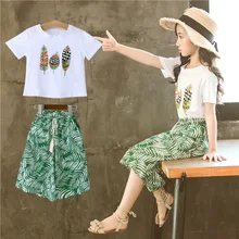 Новая модная летняя одежда для девочек, футболка с короткими рукавами и принтом, топ+ шорты, детский комплект одежды из 2 предметов для девочек 4, 6, 8, 10, 12, 14 лет