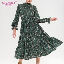 S. FLAVOR зеленое леопардовое длинное платье для женщин элегантная повседневная с воротником-стойкой весенние женские платья Vestidos De Boho