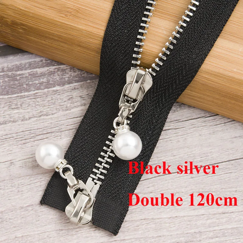 black silver 120cm Meetee 20/80/120 см 5# разъемная застежка-молния металлическая молния с жемчугом ползунок Для женщин с открытым концом молнии для одежды пальто; Прошитые вручную инструменты AP541 - Цвет: black silver 120cm