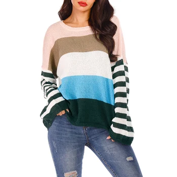 

Large Size Round Neck Contrast Color Striped Loose Casual Sweater Pullover Sweater for winter