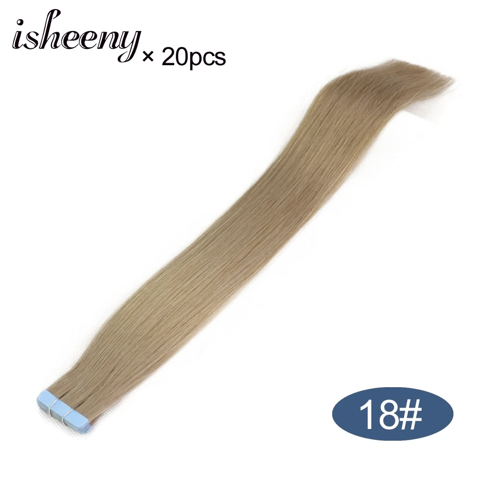 Isheeny 16 дюймов бесшовные волосы Remy на ленте для наращивания блонд невидимые волосы на ленте прямые волосы салон стиль 20 шт - Цвет: #18