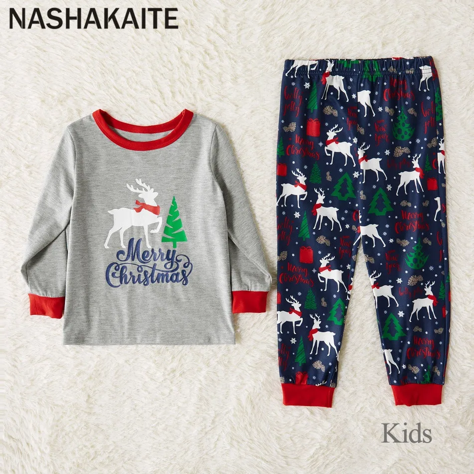 NASHAKAITE/рождественские пижамы пижамный комплект для мамы, папы и ребенка, топ с рождественским оленем и елкой и штаны, Семейный комплект на год