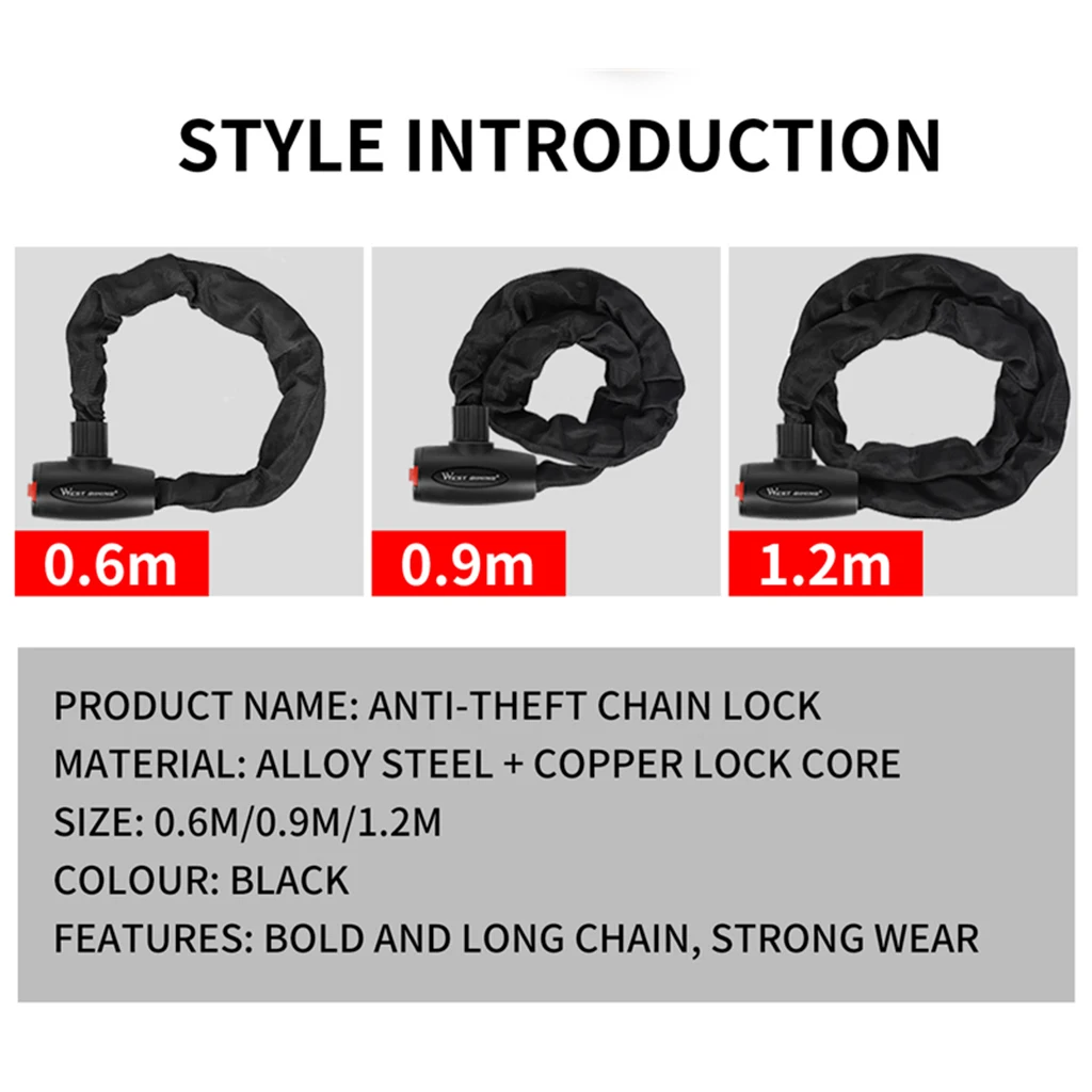 West Biking Bicycle Cable Lock Anti-theft Bikes Motorcycle Chain Lock with Sleeve Security Steel Motorbike Scooter Cycle Lock