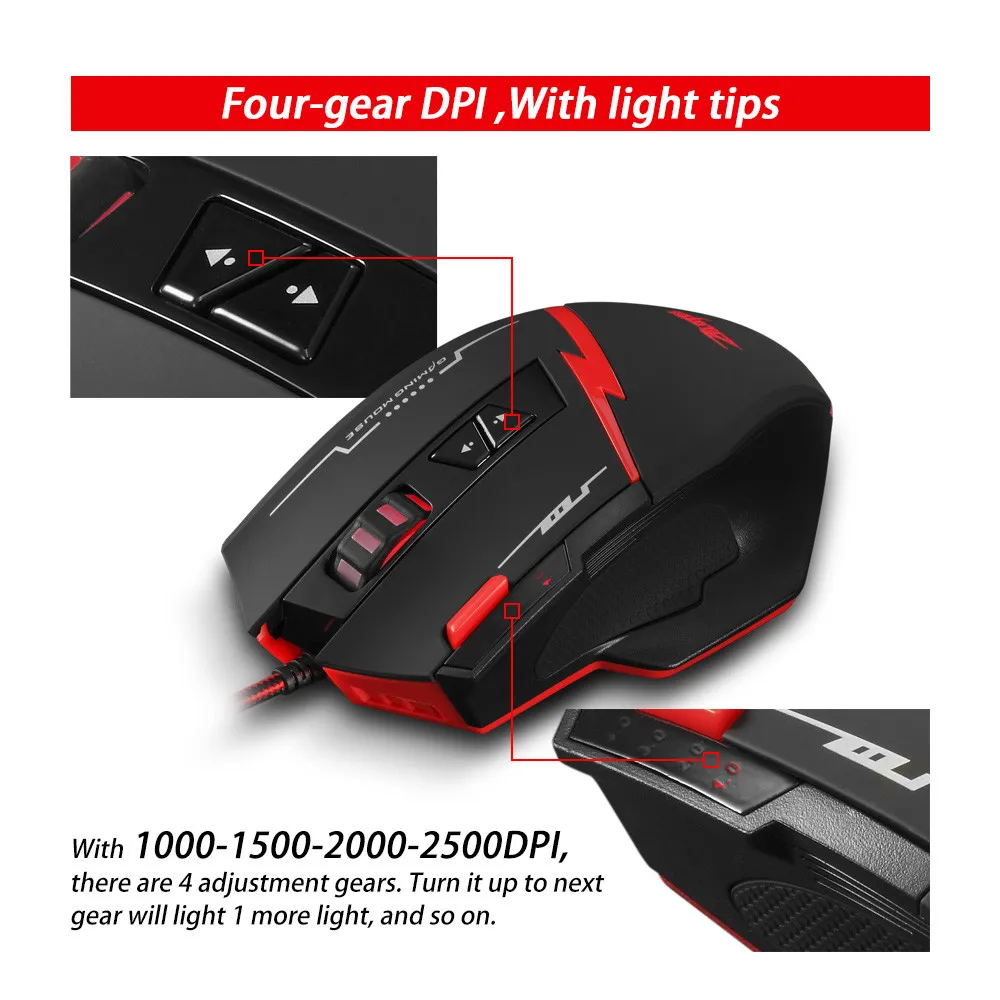 Zelotes C-8 программируемые 8 кнопок светодиодный USB оптическая игровая мышь Мыши 2500 dpi 8 одиночных клавиш для Windows mac os 125-1000 Гц 1,8 м