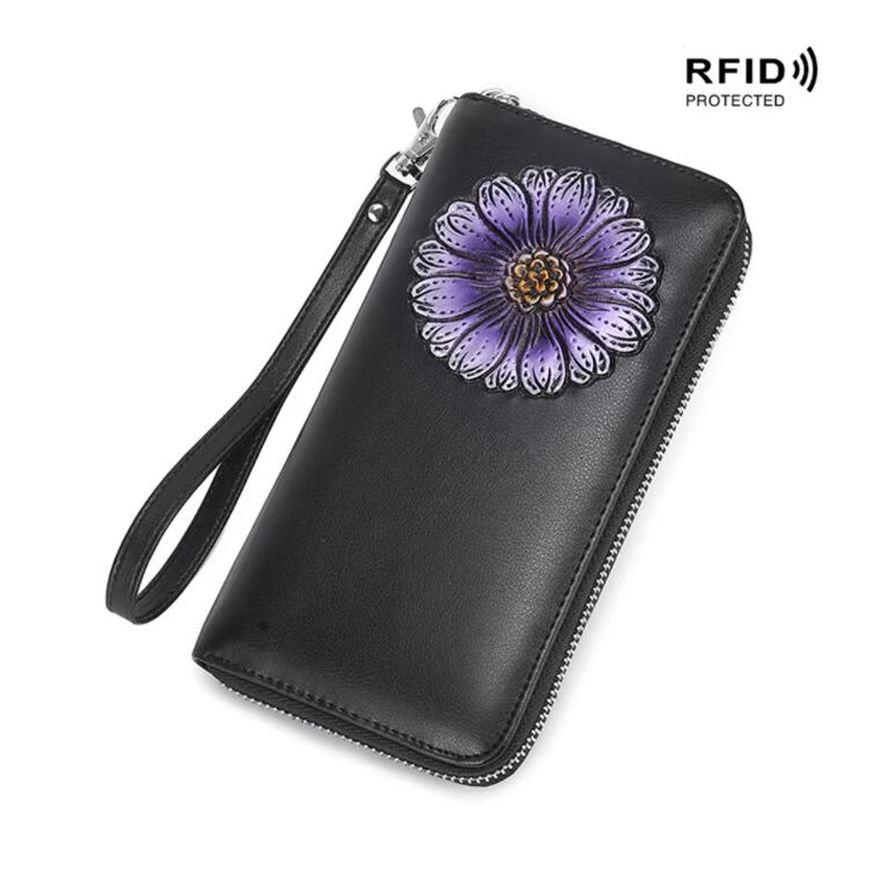 Западный женский кошелек из кожи с цветочным принтом и лосем, Rfid, модный многофункциональный длинный женский кошелек на молнии, Рождественский подарок - Цвет: Little daisy