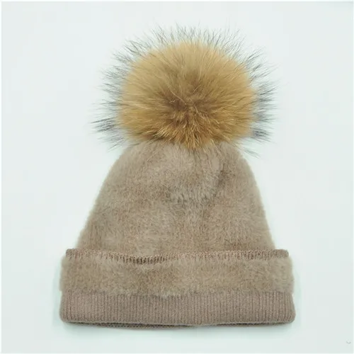 Brown natural fur Вязаные шапки из искусственного меха норки, женские зимние теплые шапки, модные шапочки, повседневная женская шапка, высокое качество, натуральный мех, помпон, зимняя шапка - Цвет: Brown natural fur