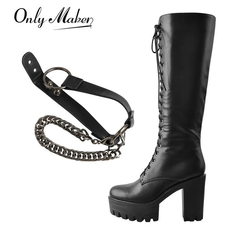 

Onlymaker Women's Black Matte Platform Front Lace-Up Side Zip Knee High Boots Lady Fashion Classic Big Size Long Boots