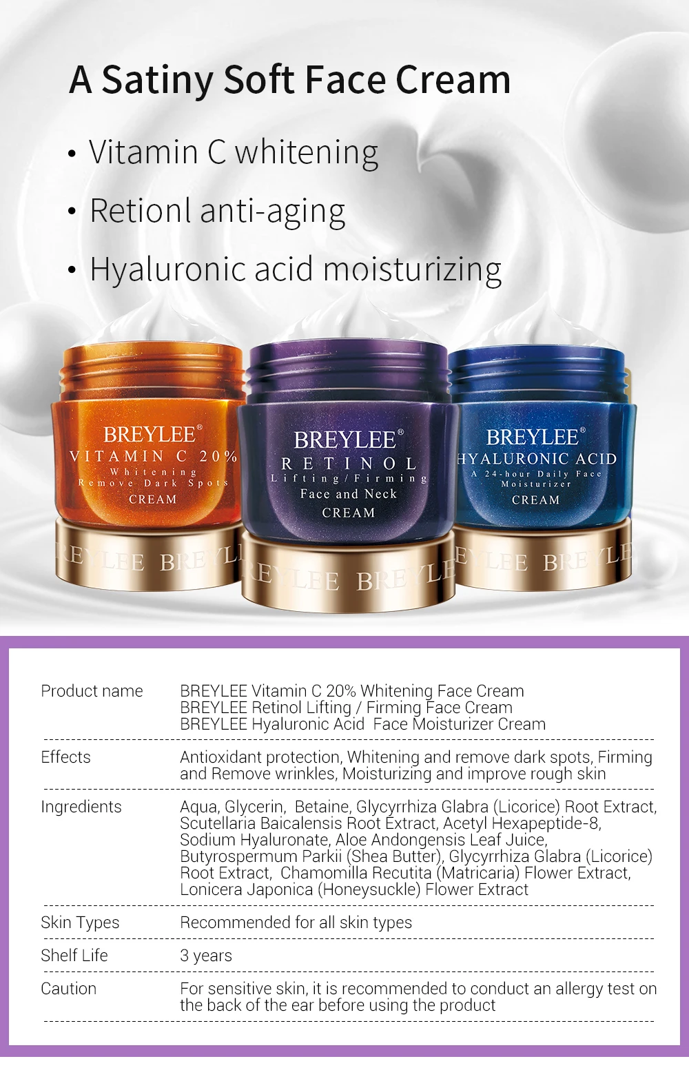 BREYLEE Hyaluronic Acid Moisturizing Vitamin C Face Cream Retinol Anti Wrinkle Whitening  Acne Treatment Day Cream Skin Care 40g