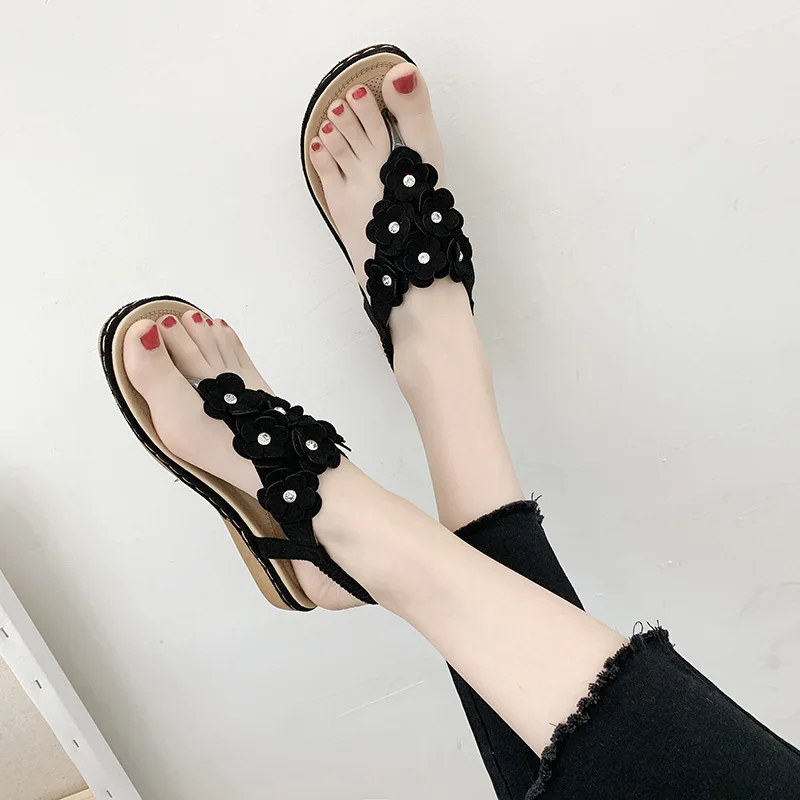 

2019 Summer New Style Korean-style Flat Waterproof Platform Peep-Toe Beach Man-made Diamond Flower Elastic Low Top Foot Covering