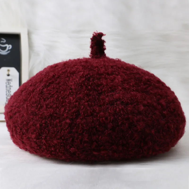 wine red Новинка, шапка из овечьей шерсти, женская, женская, осенняя и зимняя, плюшевый берет, Корейская, дикая, Британская, Литературная, японская, художница, теплая шапка, шапки - Цвет: wine red