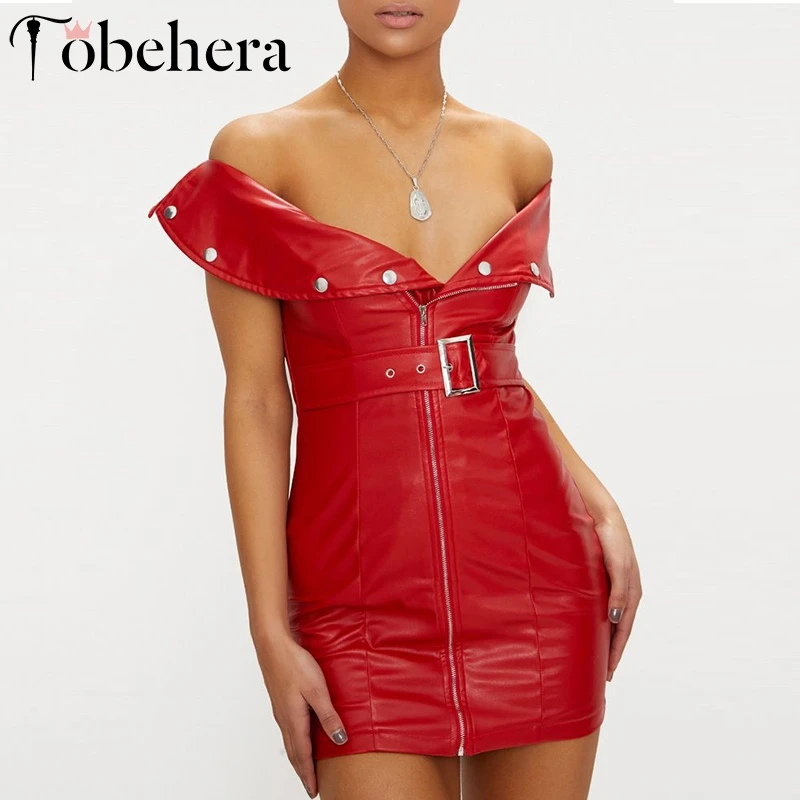 

Glamaker PU leather off shoulder red dress Women bodycon sexy buckle belt button elegant partydress Female autumnzipper vestidos