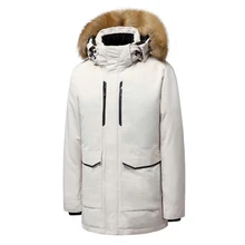 Мужская куртка, деловая, повседневная, для среднего возраста, на утином пуху, длинное, приталенное пальто, зимняя, теплая, толстая, с меховым воротником, парка, ветронепроницаемый, мужской пуховик