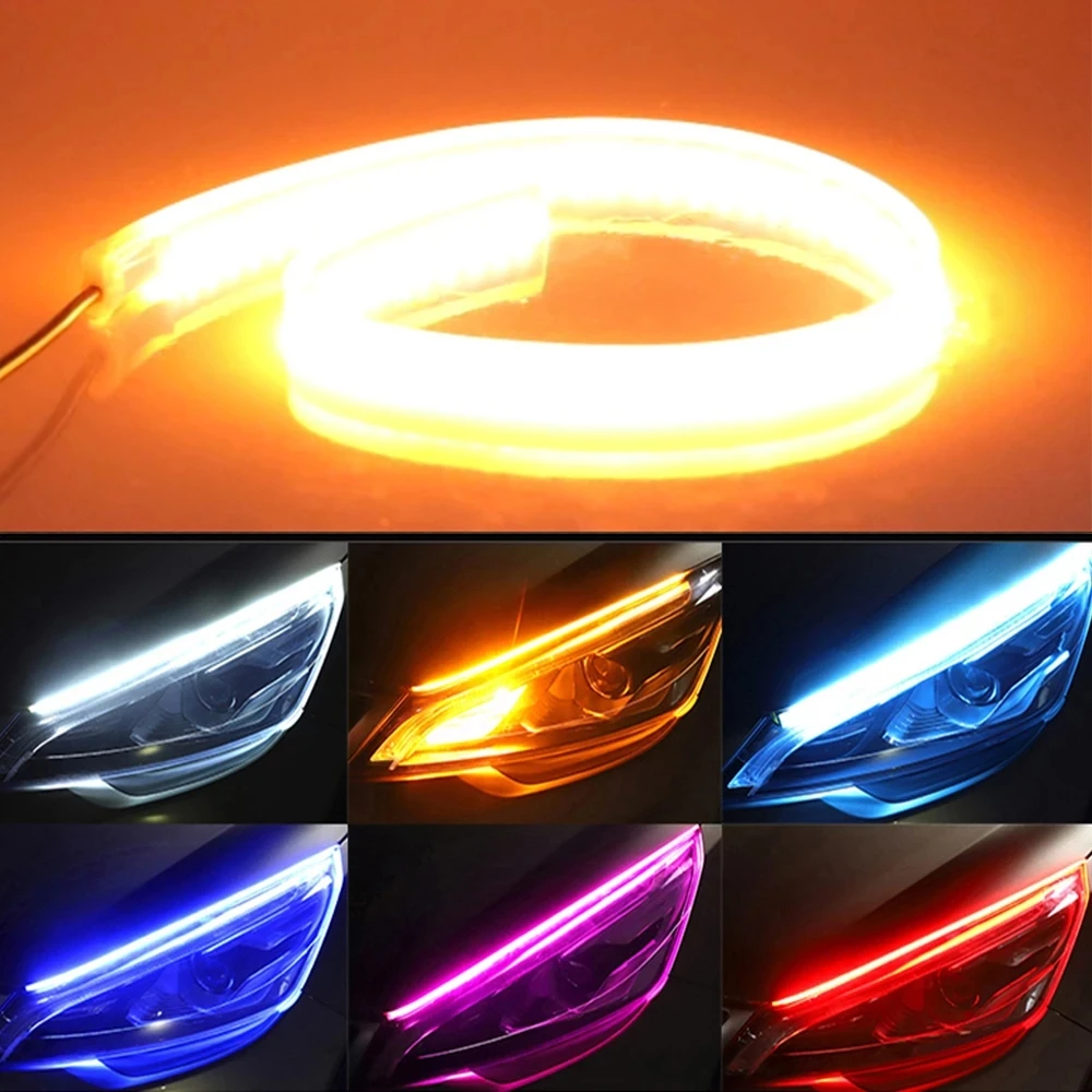 2pcs LED DRL Car Daytime Running Light Flexible Waterproof Strip Auto Headlights White Turn Signal Yellow Brake Flow Lights 12V