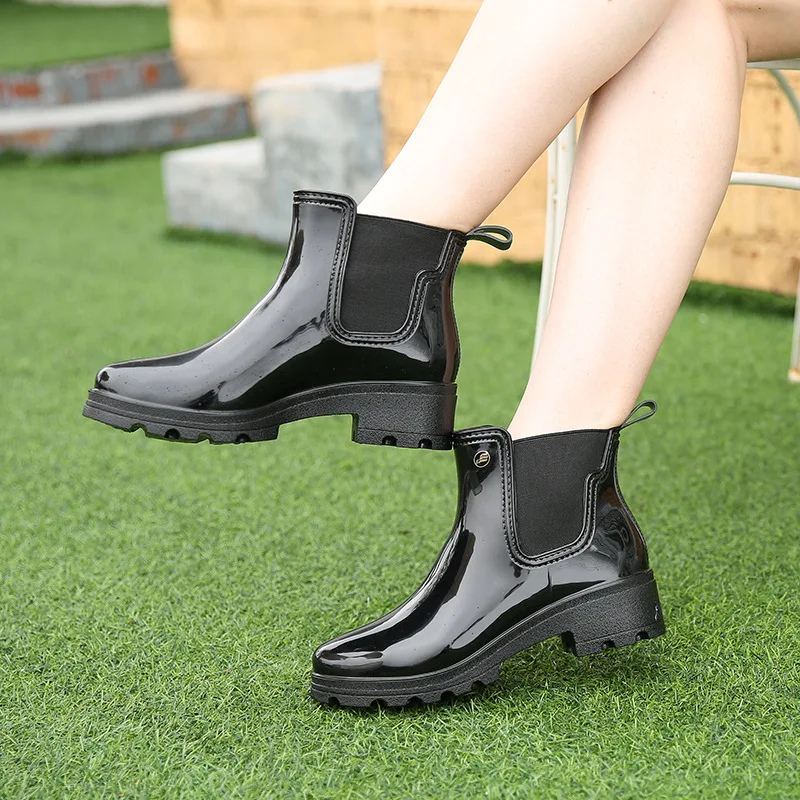 

Pop Nice quality lady PVC rubber shoes warm rain boots bright women's high-heeled elastic low-tube rainboots women shoes d34