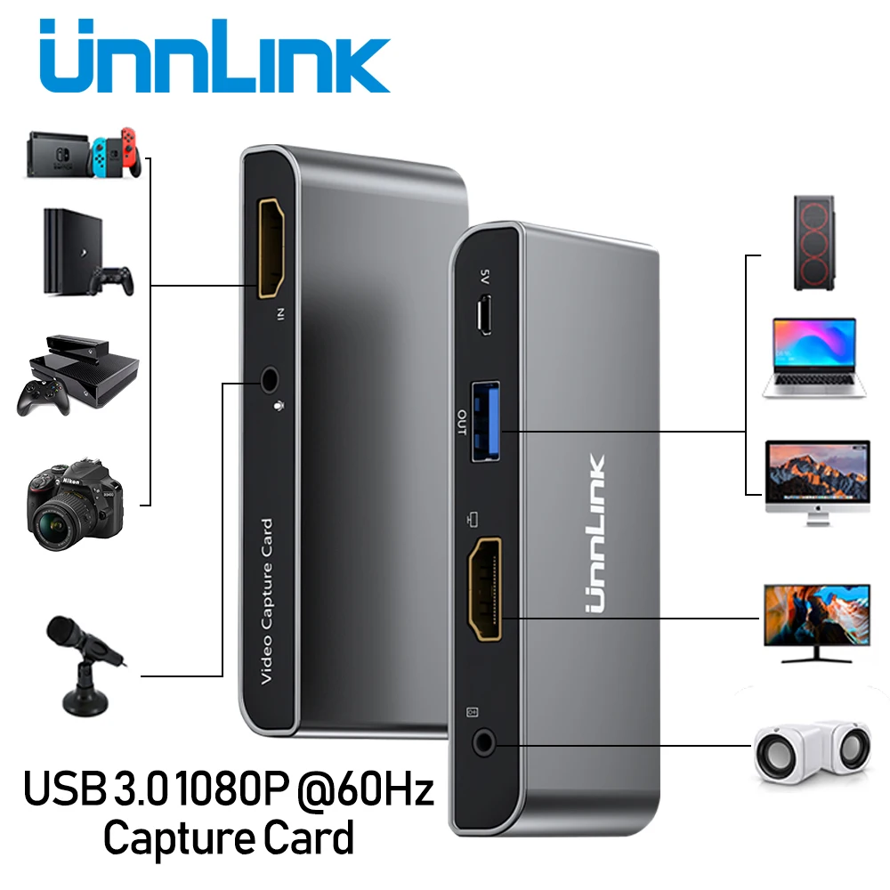 Unnlink USB3.0 Game Capture Card Video Capture 4K Input 1080P Record Live Streaming Mic 3.5 for Camera PC PS3 PS4 TV xbox switch