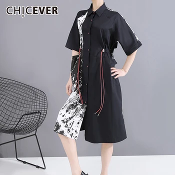 

CHICEVER Print Patchwork Pocket Women's Dress Lapel Collar Short Sleeve Drawstring High Waist Oversize Female Dresses 2020 New