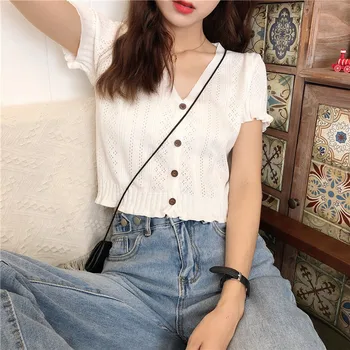 

2020 Women Summer Korean Short Sleeve High Waist Tops Girls V Neck Buttons Mini T-Shirt Thin Knitted Shirts Hallow Out Lady Tops