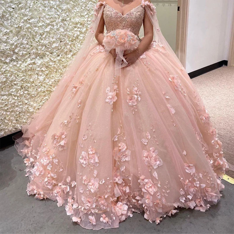 Vestido de baile romântico com capa, Vestidos de baile Quinceanera, longo caftan, renda frisada, flores 3D, vestido doce 16, 2024