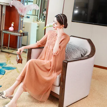 

Oriental clothing summer New High-end New dress loose large size round neck solid color retro ethnic style pregnant women skirt
