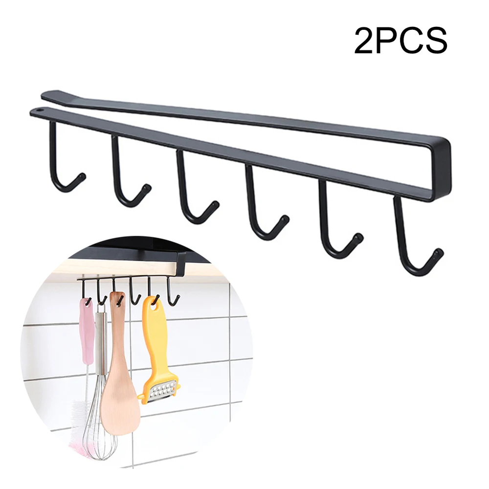 

2 Pcs 6 Hooks Iron Kitchen Bathroom Organizer Storage Rack Cabinet Hook Rack Hanging For Towel Cup Holder