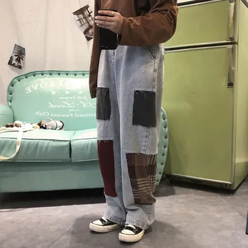 

EWQ / men's wear 2020 Spring streetwear new Loose patchwork patch Wide Leg pants for male vintage Jeans Trend korean new 9Y1321