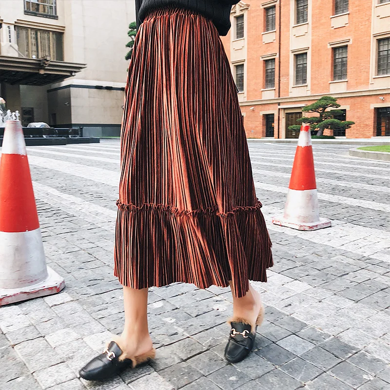 

Pleated Skirt Mid-Calf Skirt Autumn and Winter 2019 New Chic Vintage High Waist A-shaped Loose Skirt