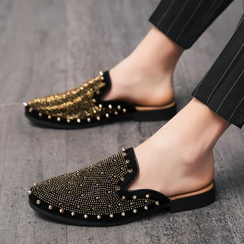 

2020 New Trend Flats Footwear For Men Designer Rivet Men Shoes Large Size Half Drag Walking Shoes Mens Black Half slippers Man