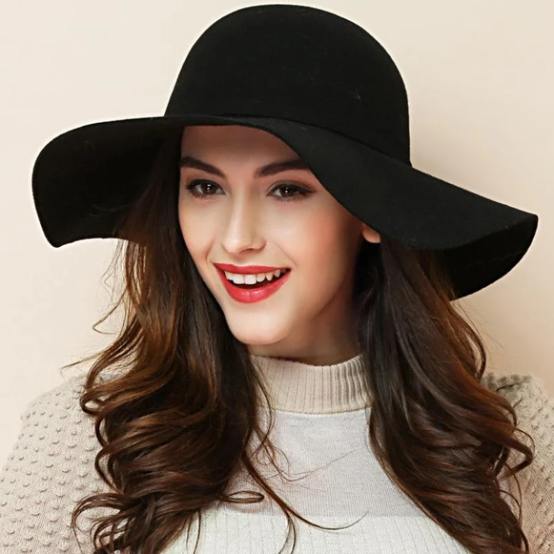 Hot sale casual fedora cap wide brimmed dome hats high quality wool floppy womens black cloche elegant hat