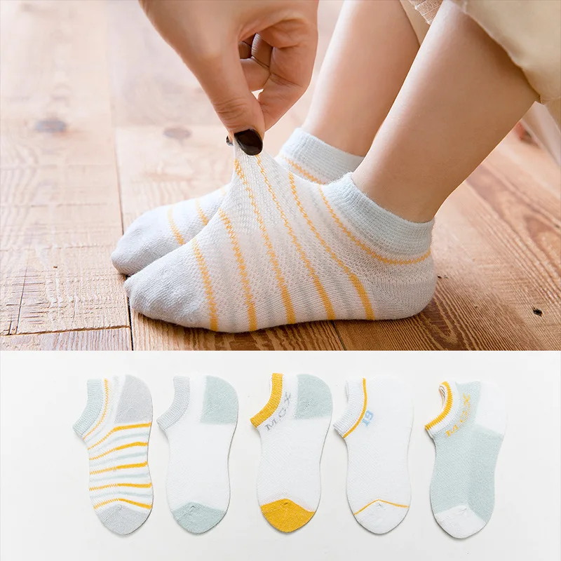 

19 Spring And Summer New Style Combed Cotton Children's Socks Stripes Short Men And Women Baby Mesh Socks Mixed Colors Thin No-s