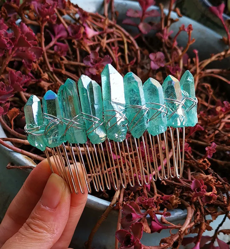 Hairbrush Boho raw crystal hairpin witch bridal party witch hair