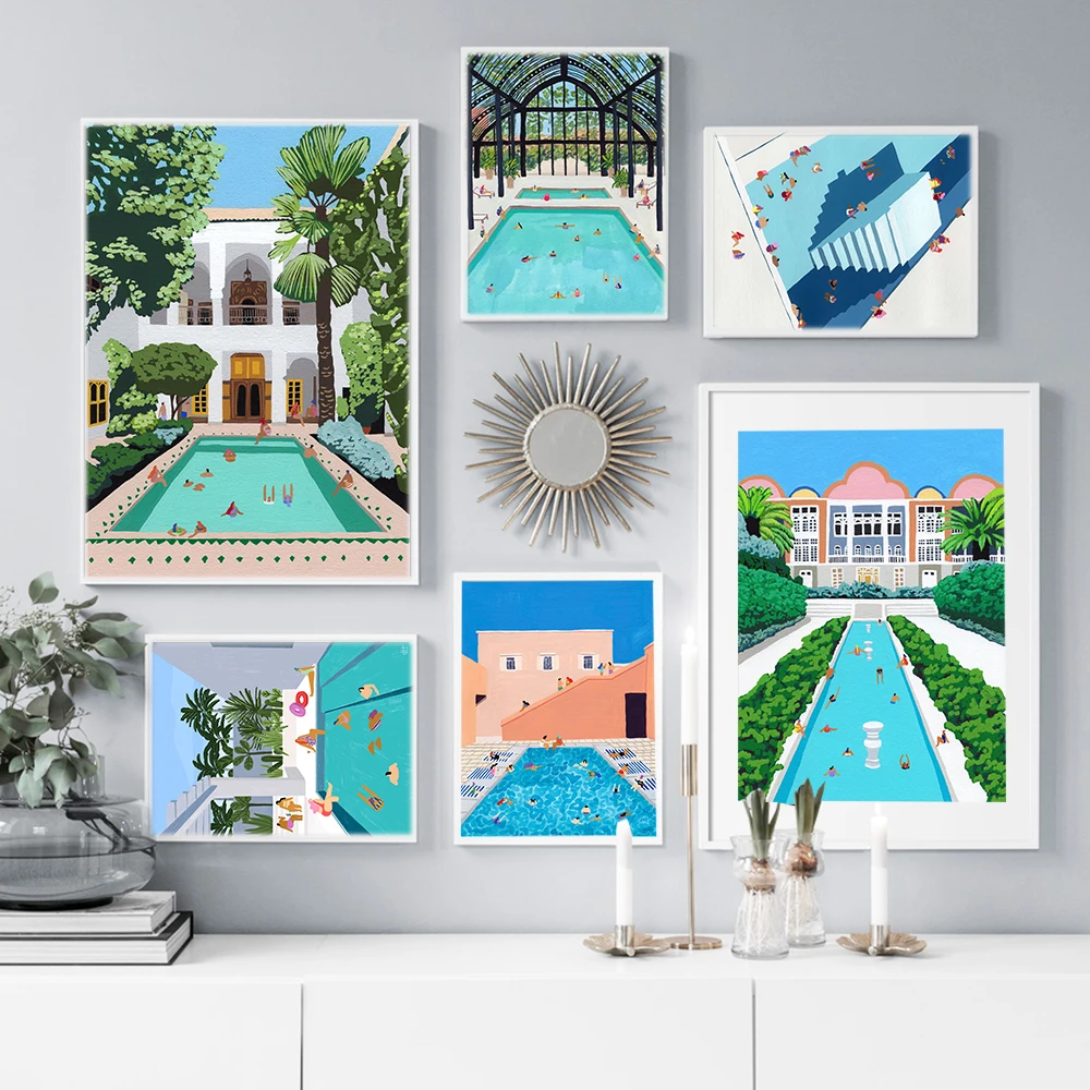 Nordic Abstract Swimming Pool Cartoon Wall Art Prints Picture Vacation Oasis Canvas Painting Poster Living Room Home Decor | Дом и сад