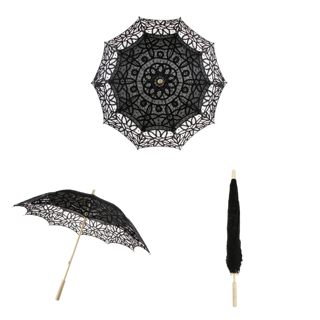 Handmade Cotton Lace Embroidered Parasol Umbrella Wedding Shower Decor Black