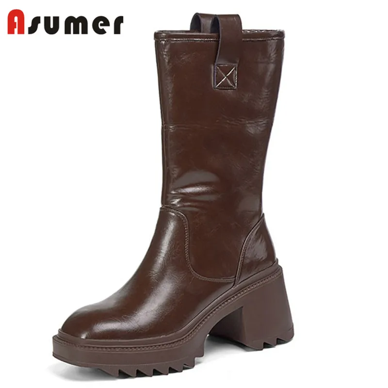 

ASUMER 2022 Newest High Heels Platform Shoes Women Snow Boots Genuine Leather Shoes Keep Warm Winter Ankle Boots Women
