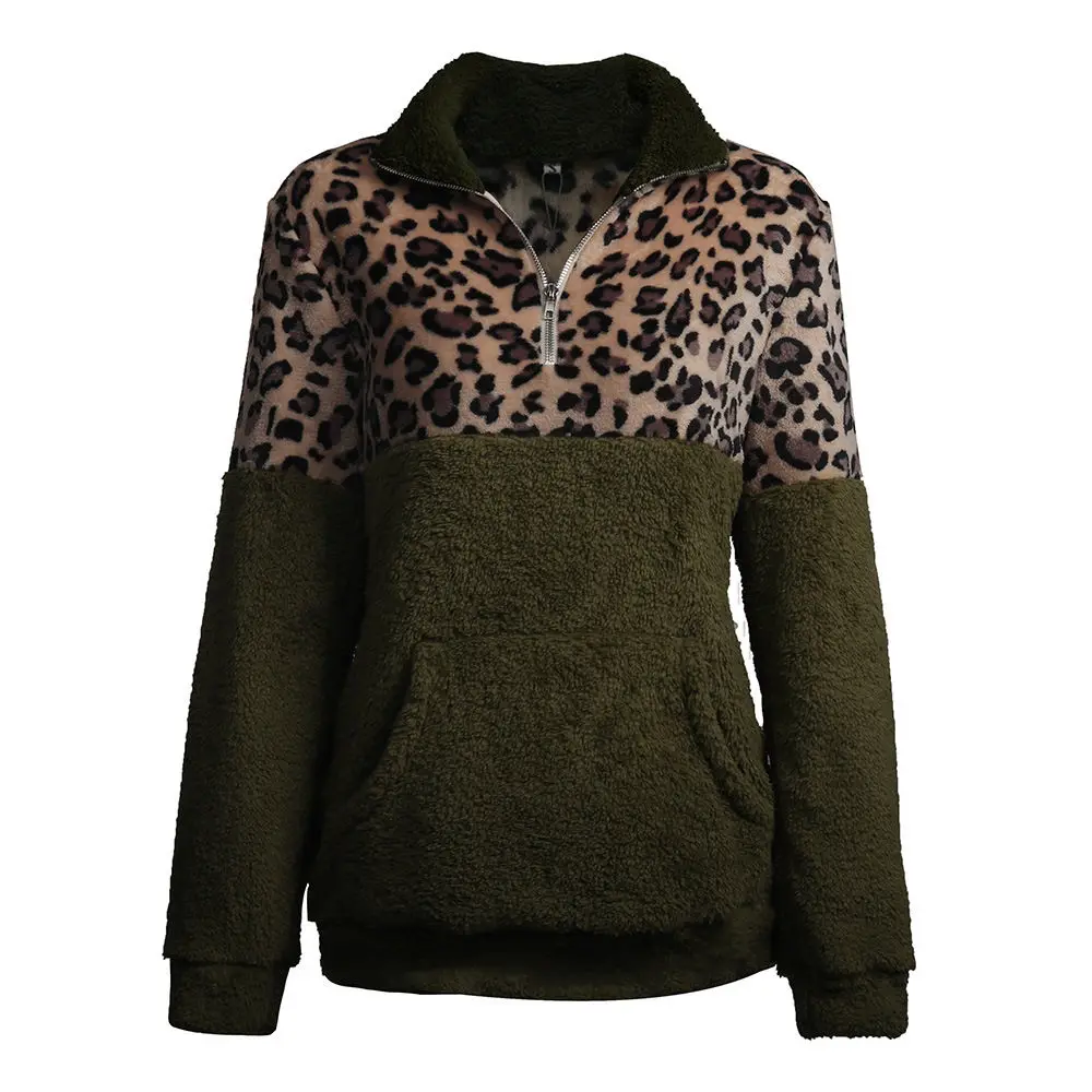 Женский леопардовый флисовый свитер, плюшевый флисовый Леопардовый пуловер на молнии размера плюс 2XL, пушистые свитера из шерпы, женские Теплые Топы - Цвет: army green