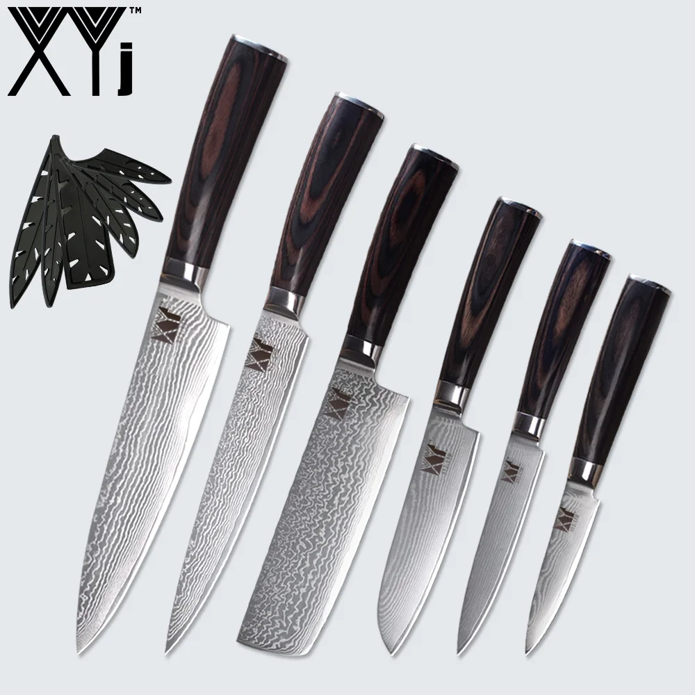 6pcs set XYj Дамасская сталь набор кухонных ножей инструмент свободная крышка VG10 острое лезвие цвет деревянной ручкой кухонная принадлежность - Цвет: 6pcs set