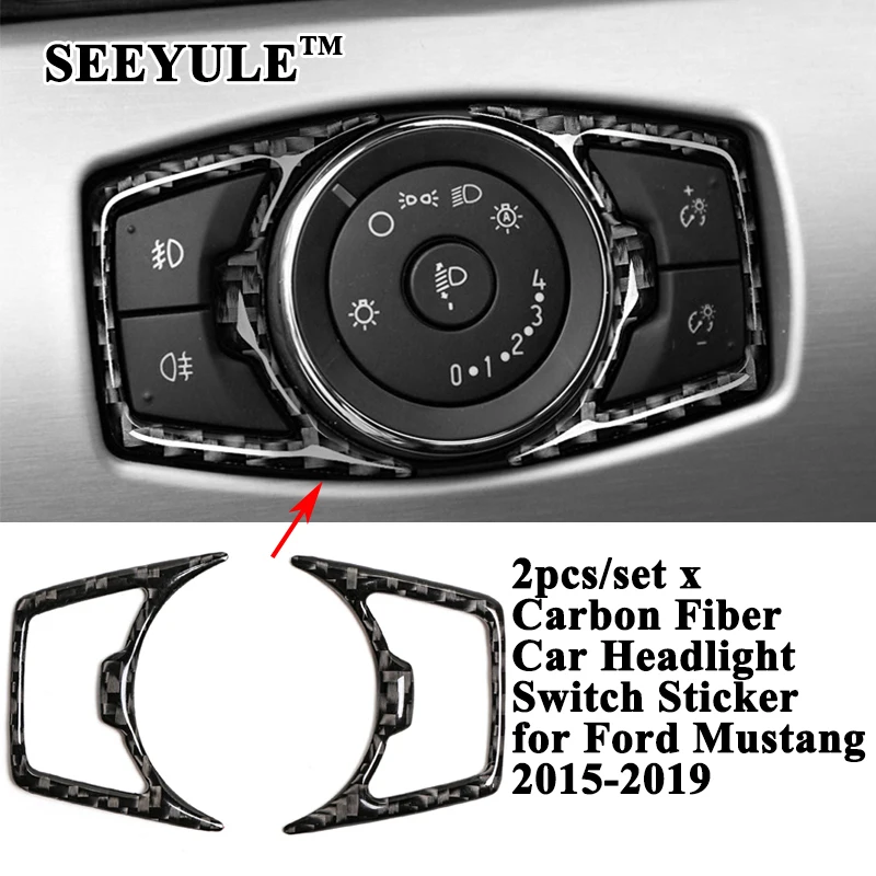 

2pcs/set SEEYULE Genuine Carbon Fiber Car Headlight Switch Sticker Decoration Frame Cover Accessories for Ford Mustang 2015-2019